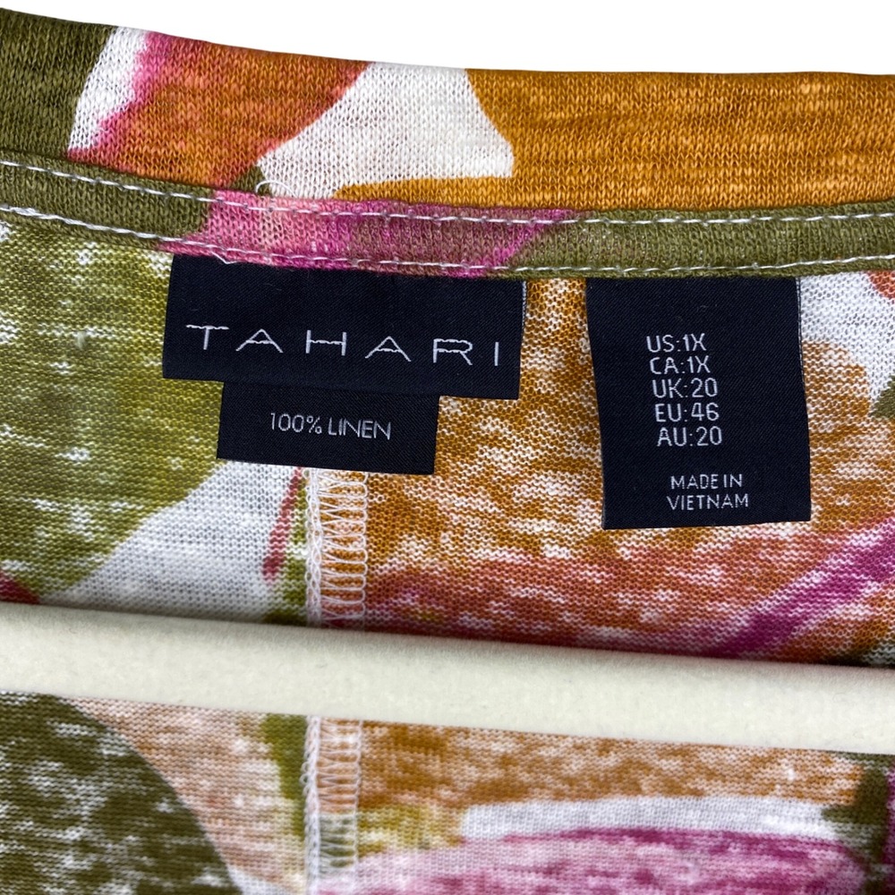 Tahari Womens 1X Linen Floral V-Neck Top 3/4 Sleeve Green Pink Tropical Blouse - Picture 3 of 10